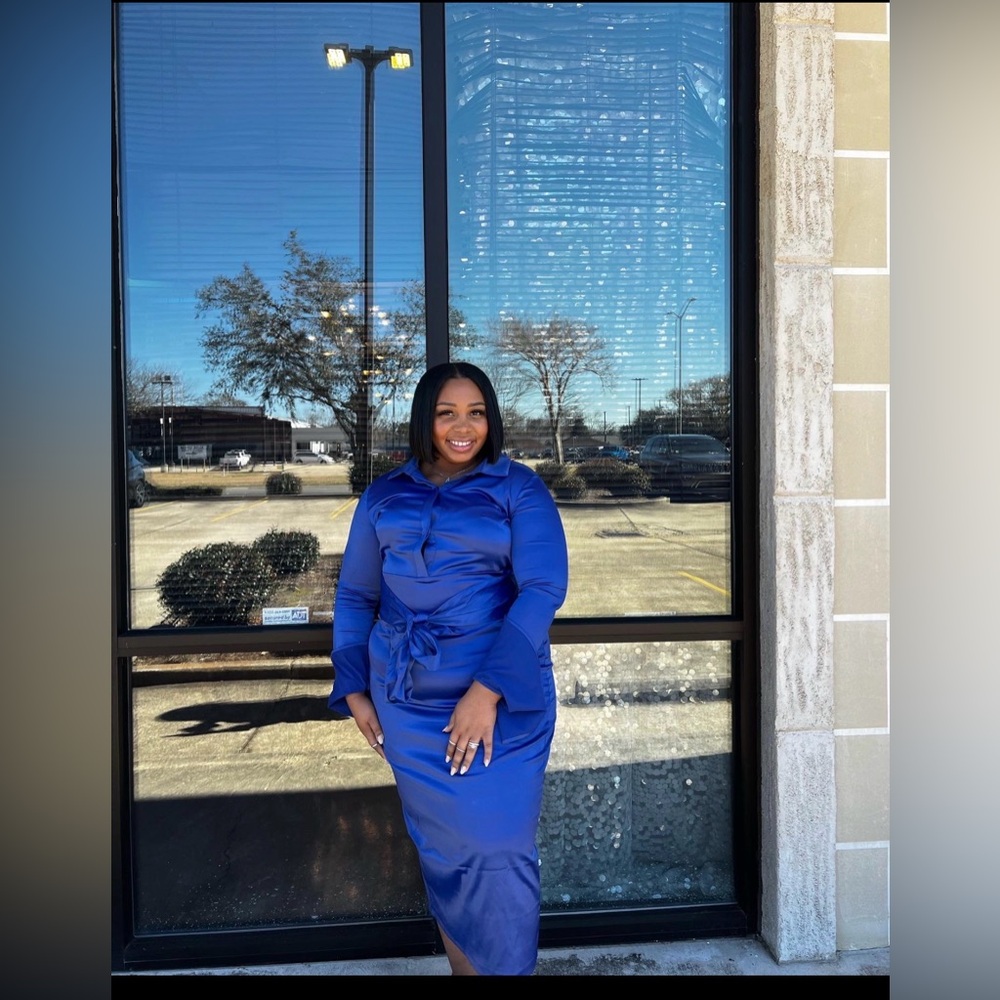 Fashion Nova Satin Collared Deep V Midi Dress | Size XL | Royal Blue